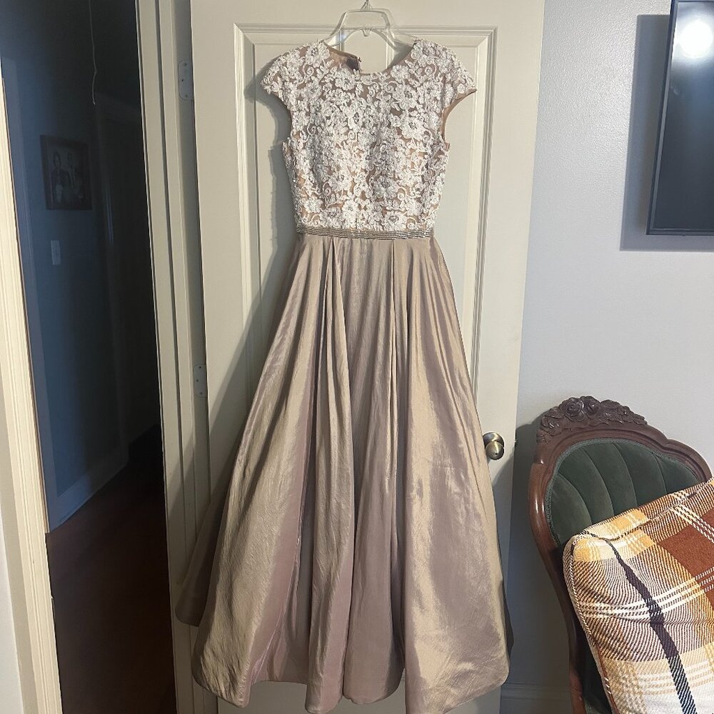 Sherri Hill style 50843 in Gold/Beige, size 8